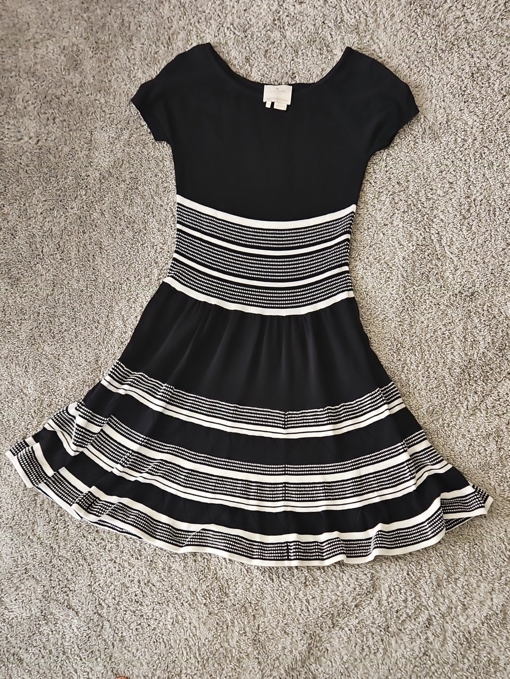 Kate Spade Black & White Striped Fit-and-Flare Dress Knit S
